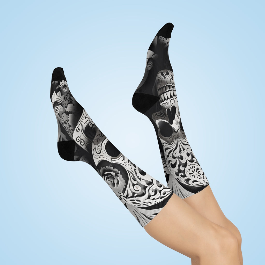 Skull Calavera Cushioned Crew Socks | Day of the Dead Black & White