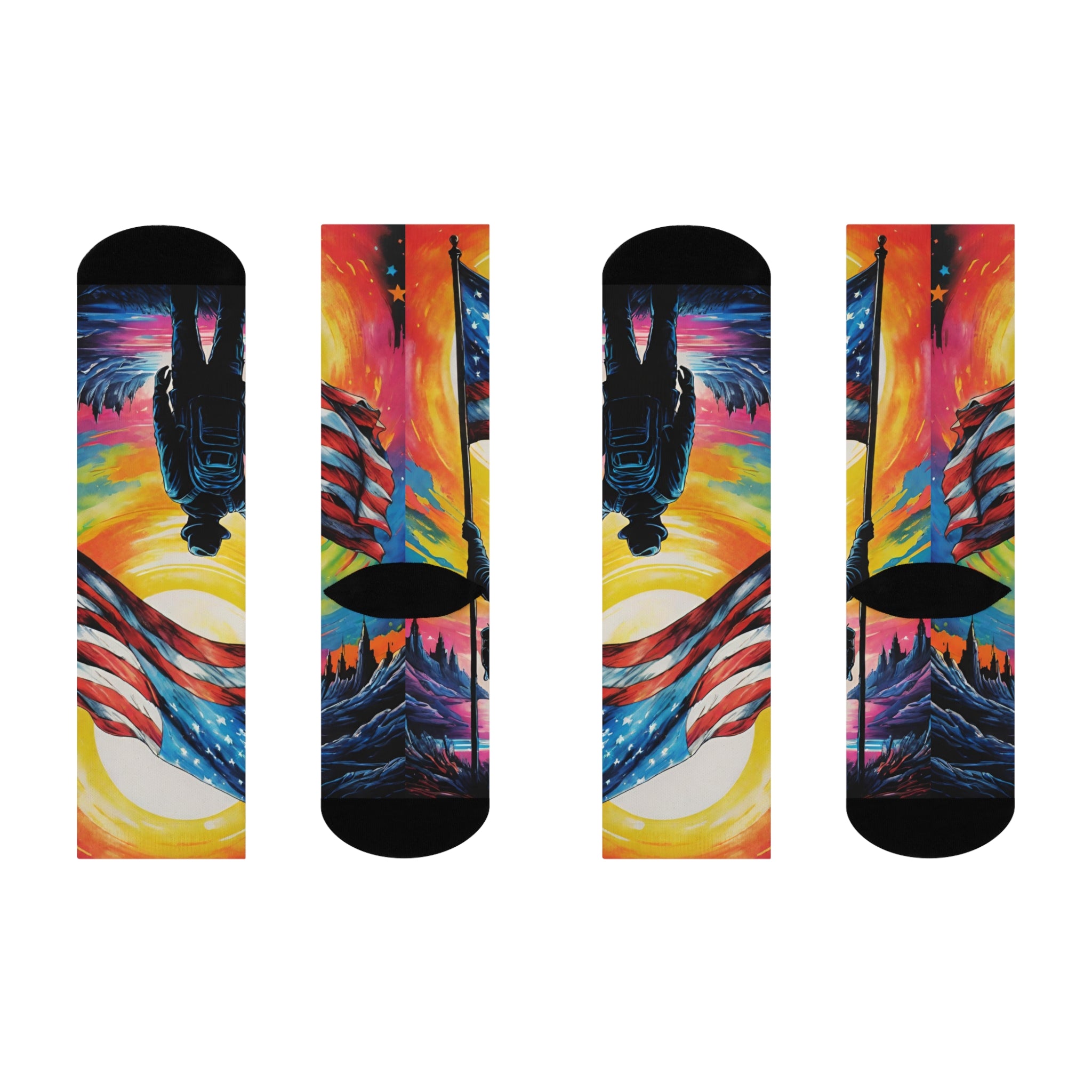 Soldier Holding American Flag Cushioned Crew Socks | Patriotic Sunset Design
