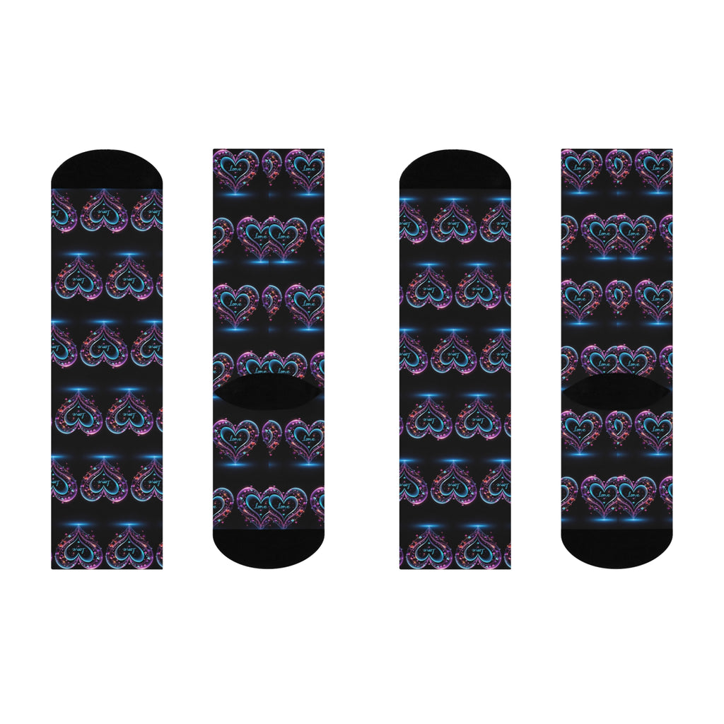 Midnight Ethereal Heart Crew Socks - Glowing Neon Love Pattern Socks