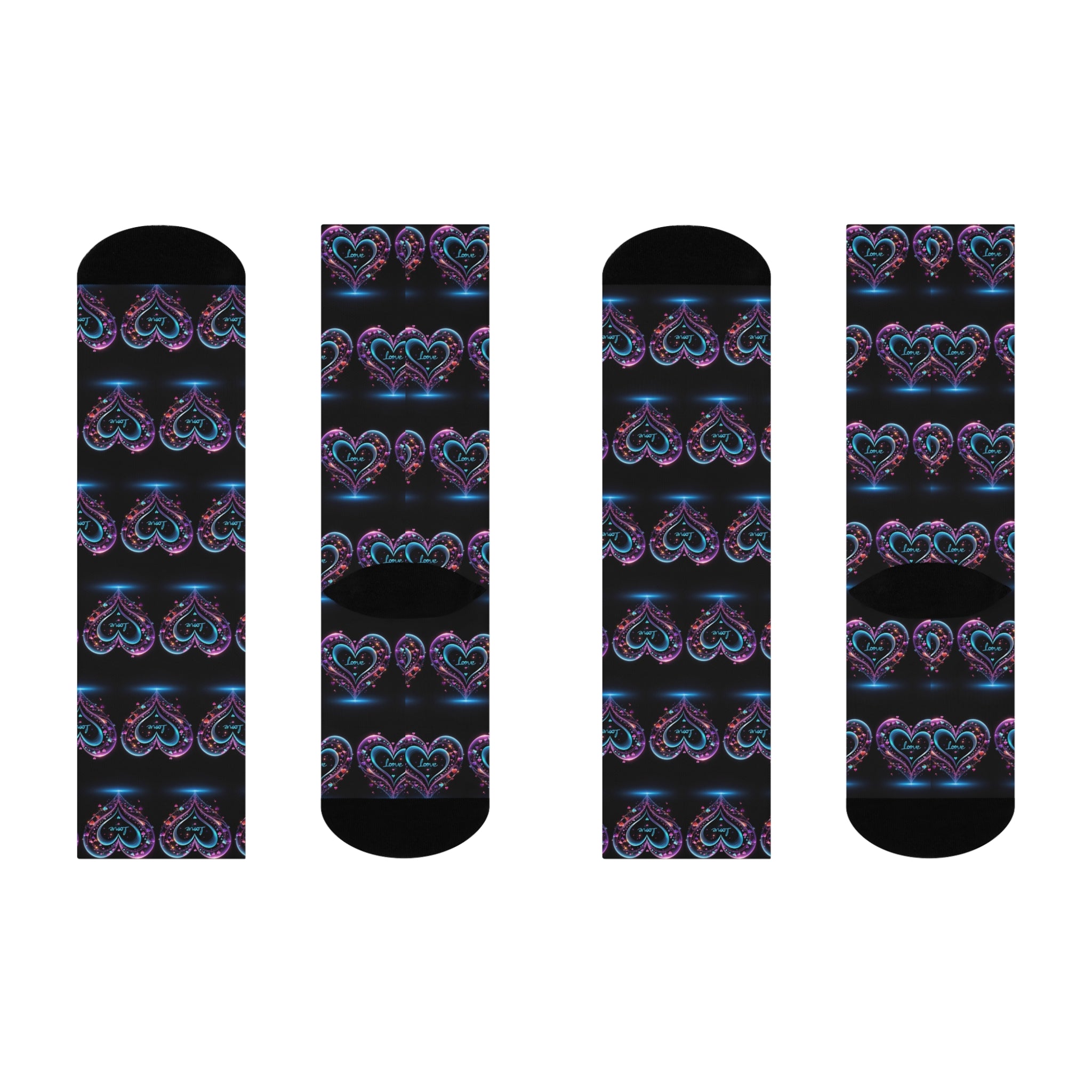 Midnight Ethereal Heart Crew Socks - Glowing Neon Love Pattern Socks