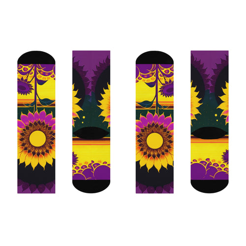 Artistic Sunflower Long Socks - Bold Purple and Gold Floral Crew socks-