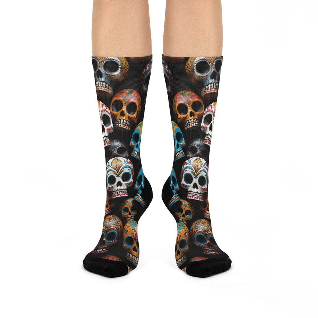 Colorful Sugar Skull Pattern Cushioned Crew Socks | Day of the Dead Skull Socks