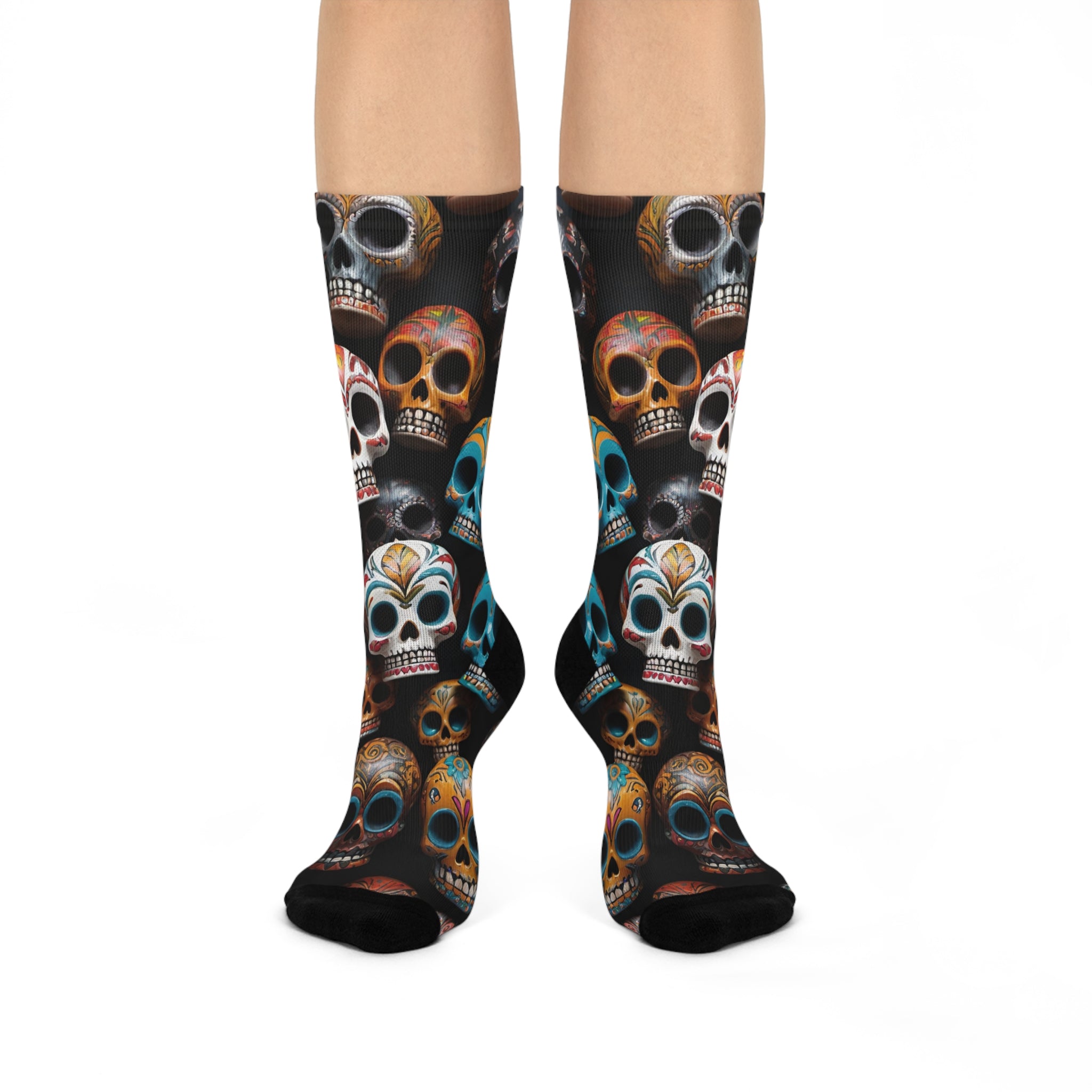 Colorful Sugar Skull Pattern Cushioned Crew Socks | Day of the Dead Skull Socks