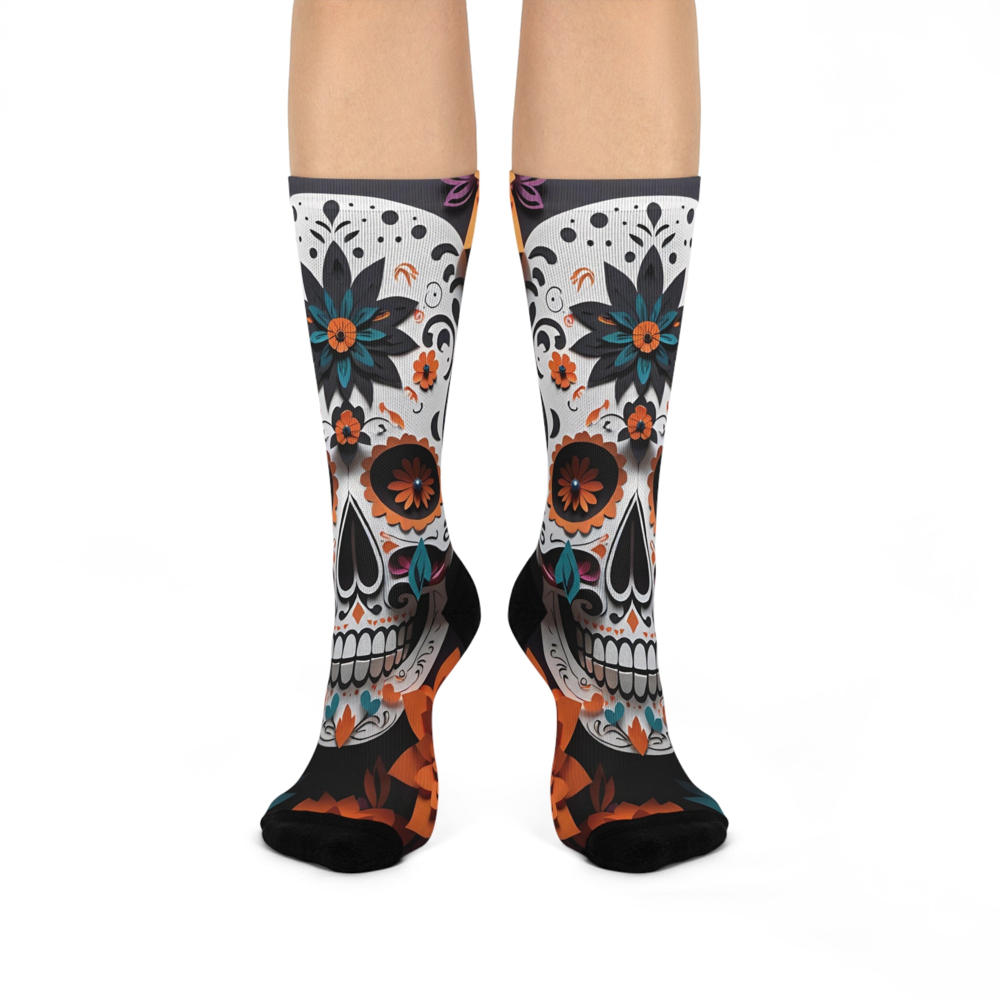 Calavera Blue and orange Floral Crew Socks | Day of the Dead Floral Pattern