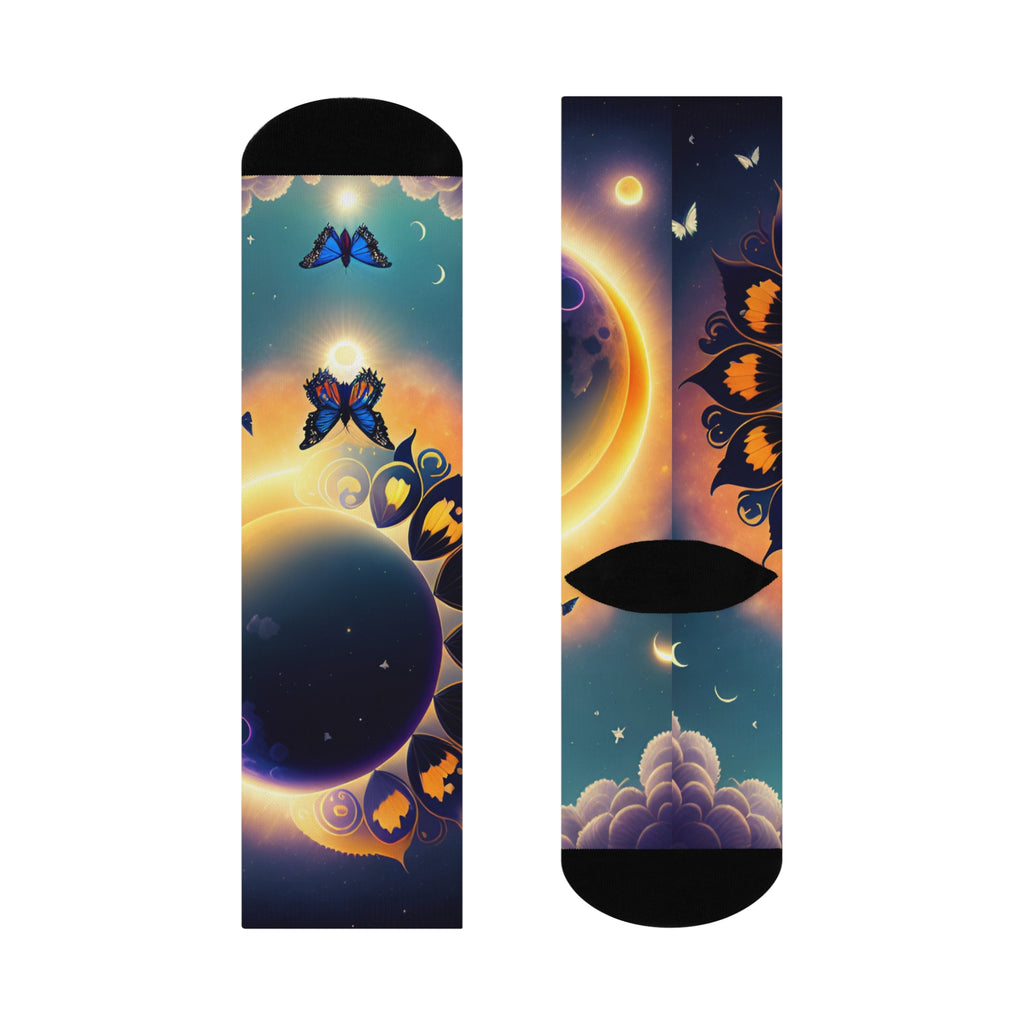 Sunflower Eclipse Butterfly Crew Socks | Moon Sun Sky