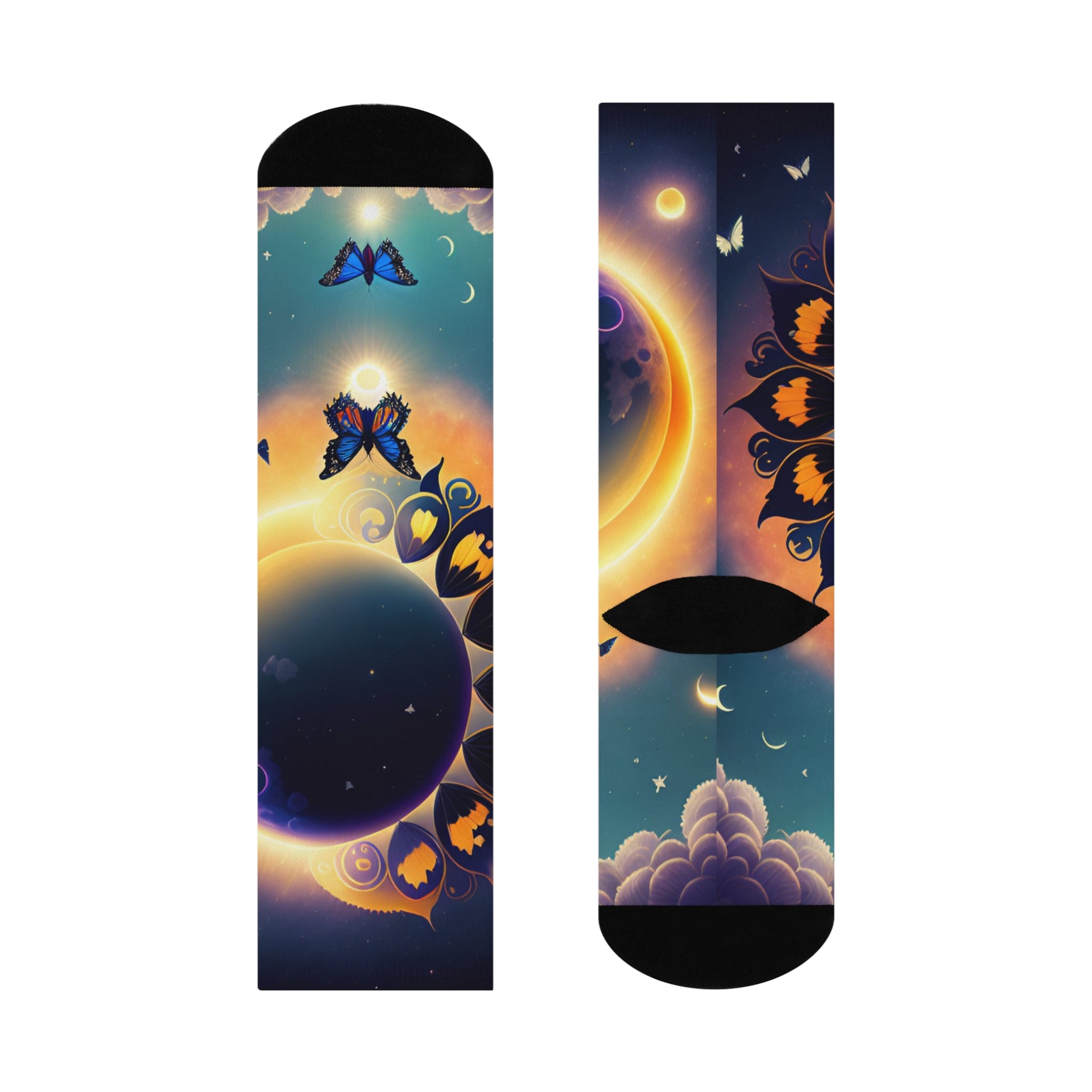 Sunflower Eclipse Butterfly Crew Socks | Moon Sun Sky