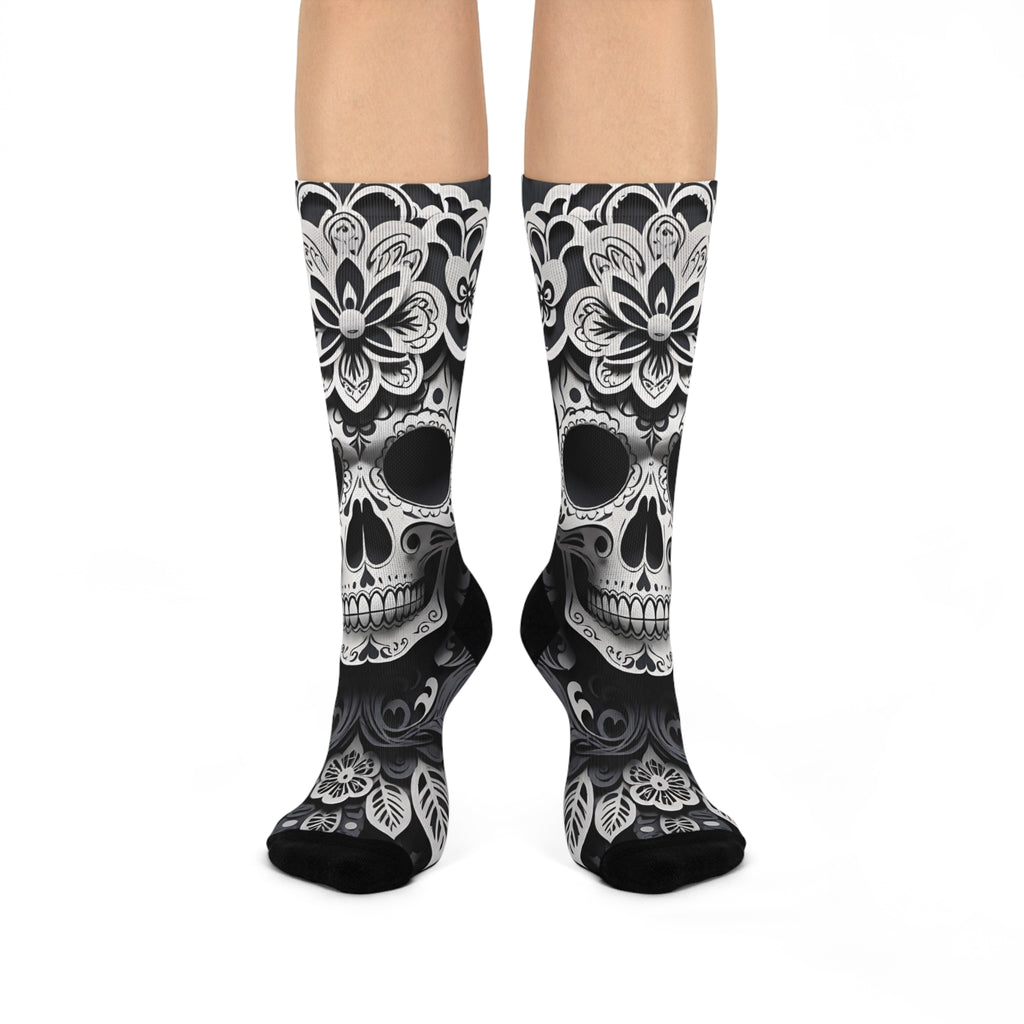 Sugar Skull Floral Cushioned Crew Socks | Day of the Dead Black White