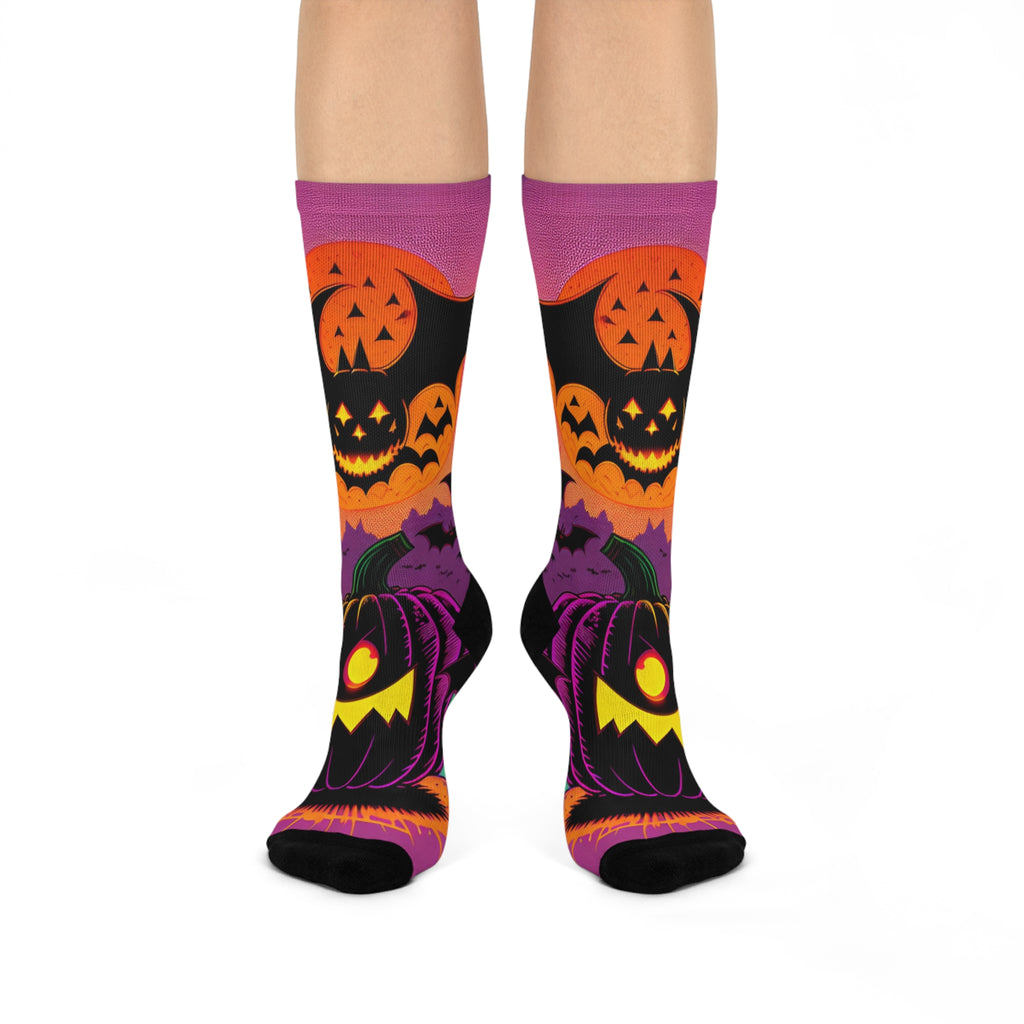 Jack-o'-Lanterns and Bats Cushioned Crew Socks | Halloween Pumpkin Socks
