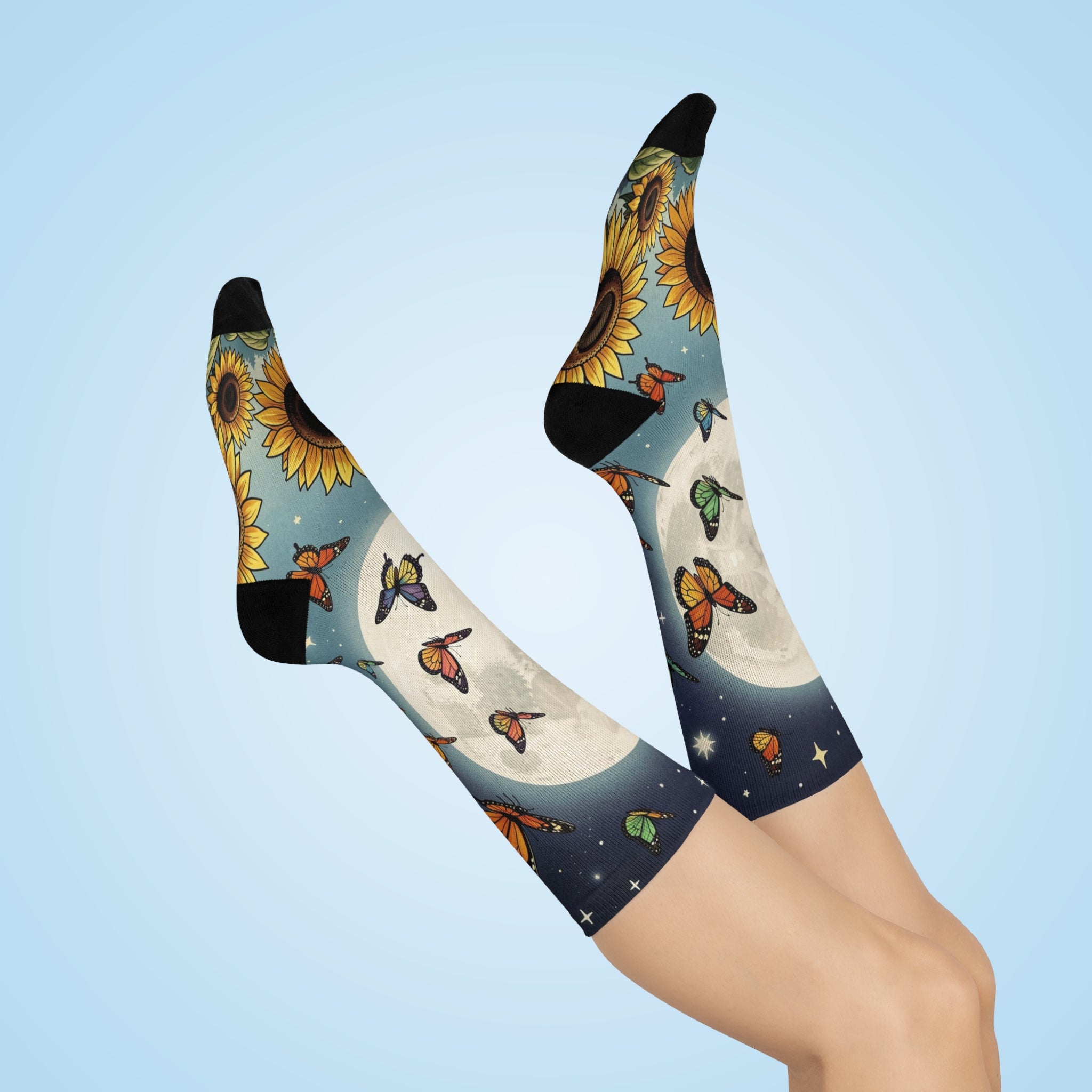 Moonlit Sunflowers Butterfly Crew Socks | Moon and Stars Night Sky Socks