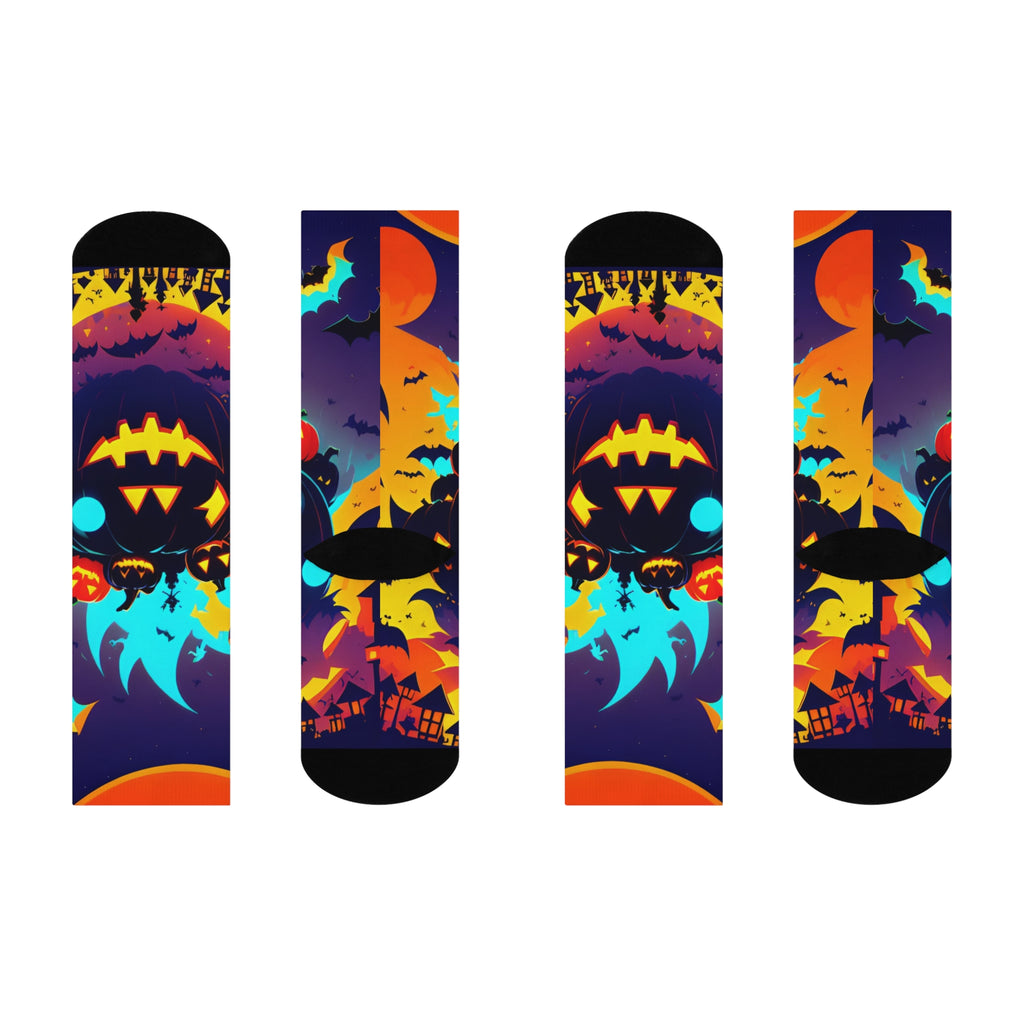 Pumpkin Night Scene Cushioned Crew Socks | Halloween Jack-o'-Lantern Bats