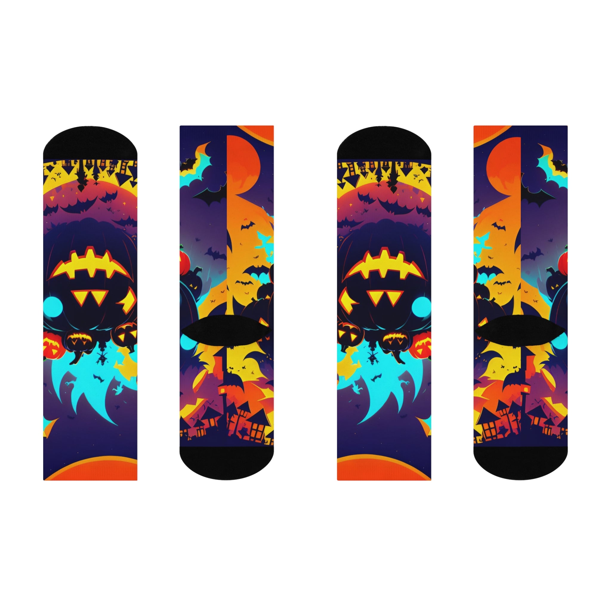 Pumpkin Night Scene Cushioned Crew Socks | Halloween Jack-o'-Lantern Bats
