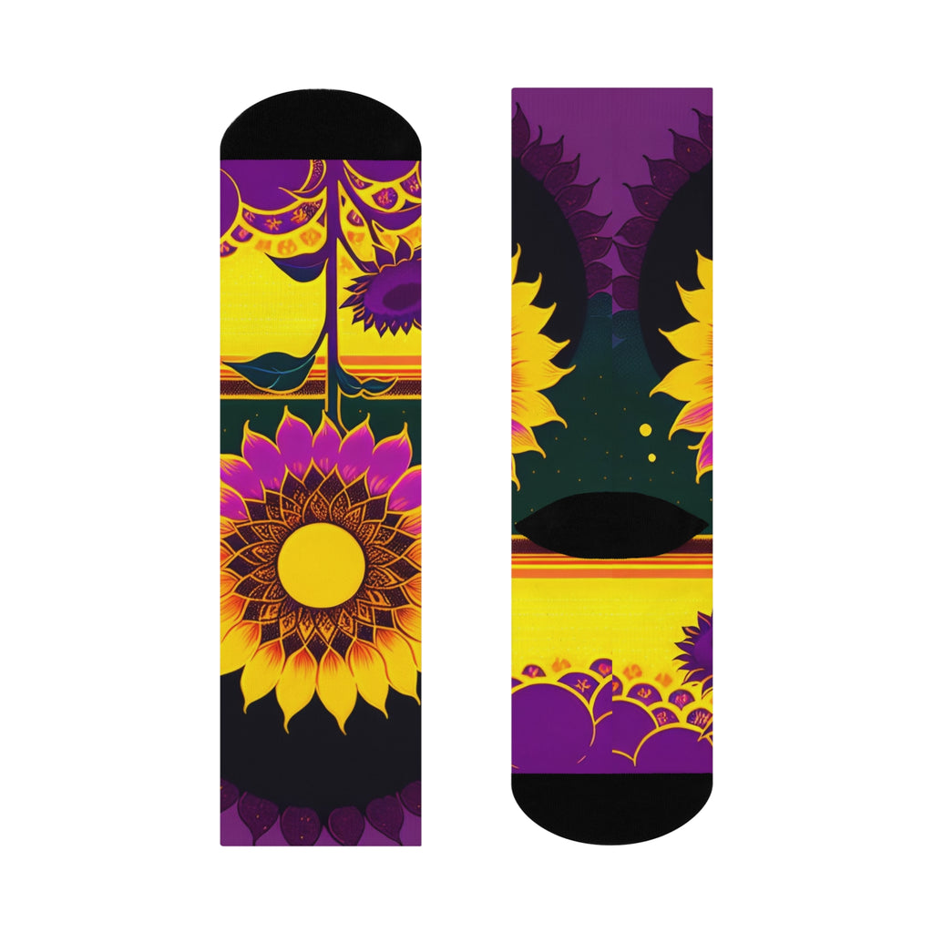 Artistic Sunflower Long Socks - Bold Purple and Gold Floral Crew socks-