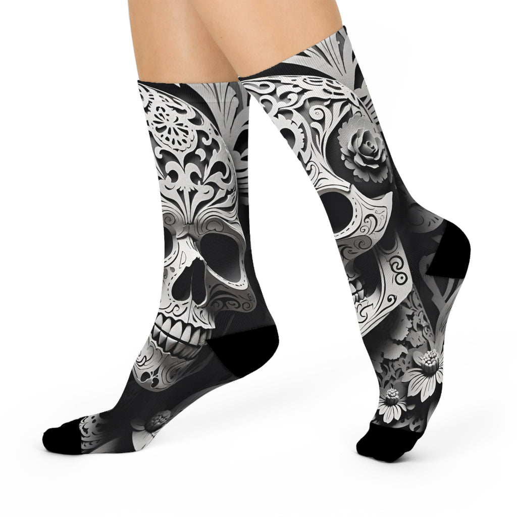 Skull Calavera Cushioned Crew Socks | Day of the Dead Black & White