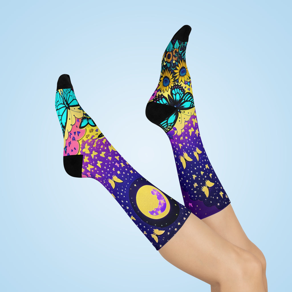 Moonlit and Blue Butterflies Sunflower Crew Socks | Purple Blue Gradient Night Sky