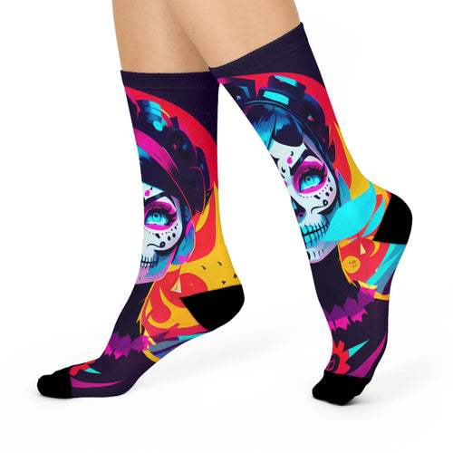 Catrina Calavera Colorful Day of the Dead Cushioned Crew Socks | Sugar Skull All-Over Print