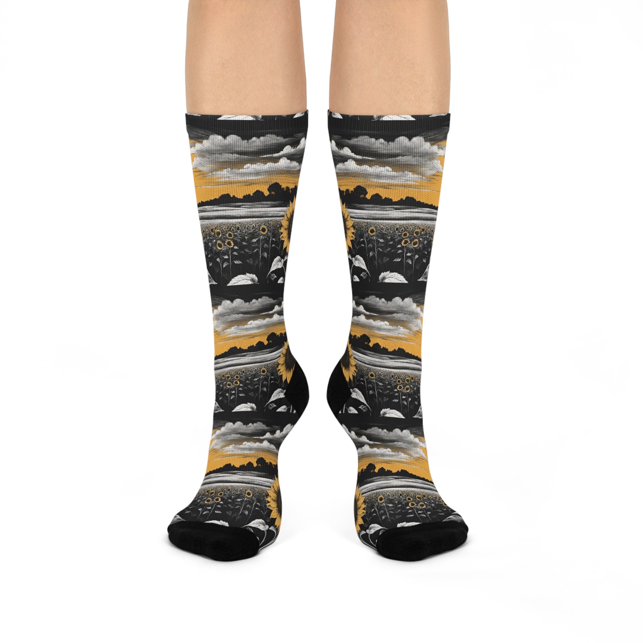 Vintage Sunflower Field Crew Socks - Aesthetic Black and Gold Landscape Long Socks; Artistic Nature Sunrise Pattern Apparel.