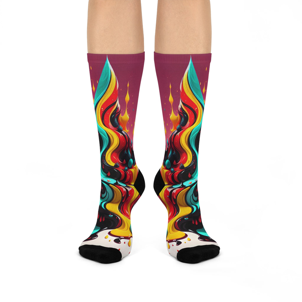 Psychedelic Neon Flame Crew Socks Abstract Melting Liquid Art Socks Surreal Graffiti Wave Socks Vibrant Colorful Streetwear Footwear