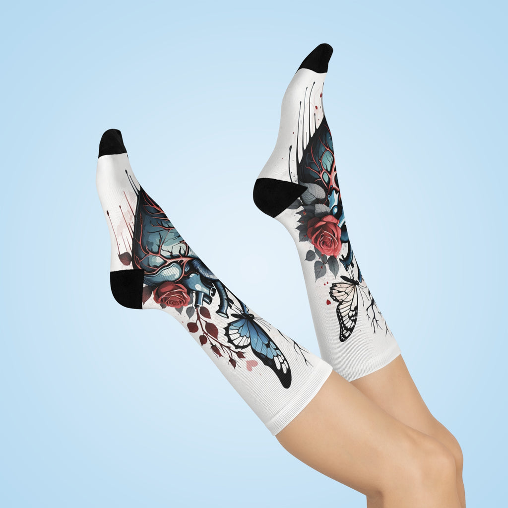 Anatomical Heart with Roses and Butterflies Crew Socks | Cushioned