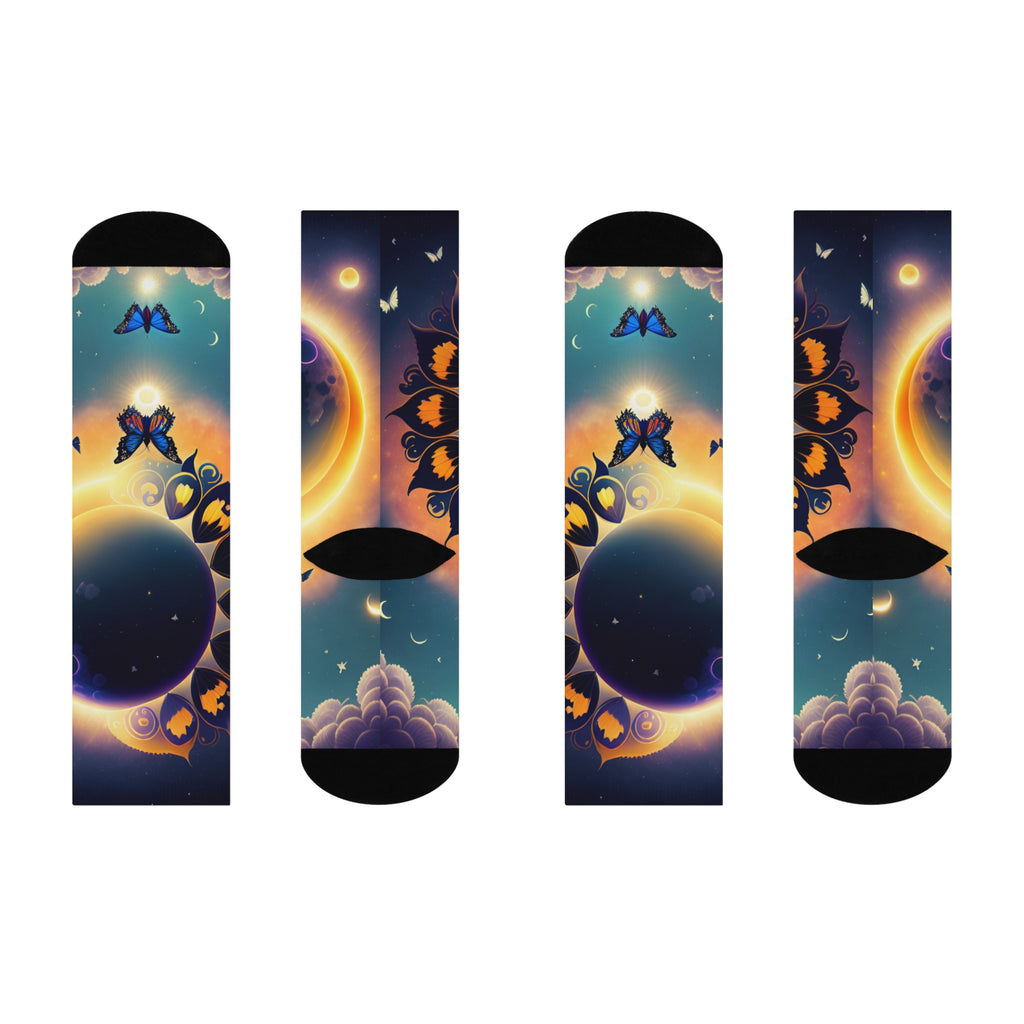 Sunflower Eclipse Butterfly Crew Socks | Moon Sun Sky