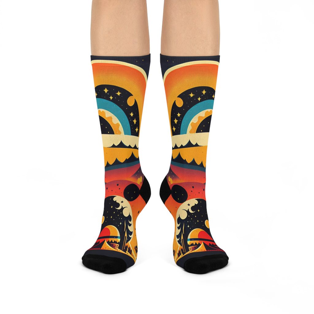Retro Rainbow Sunset Moon & Stars Cushioned Crew Socks | Cosmic Landscape
