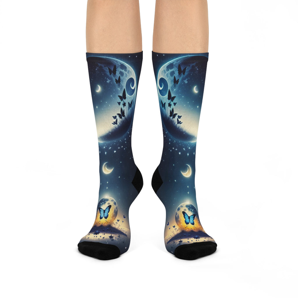 Celestial Butterfly Galaxy Socks - Cosmic Moonlight and Butterfly Silhouette