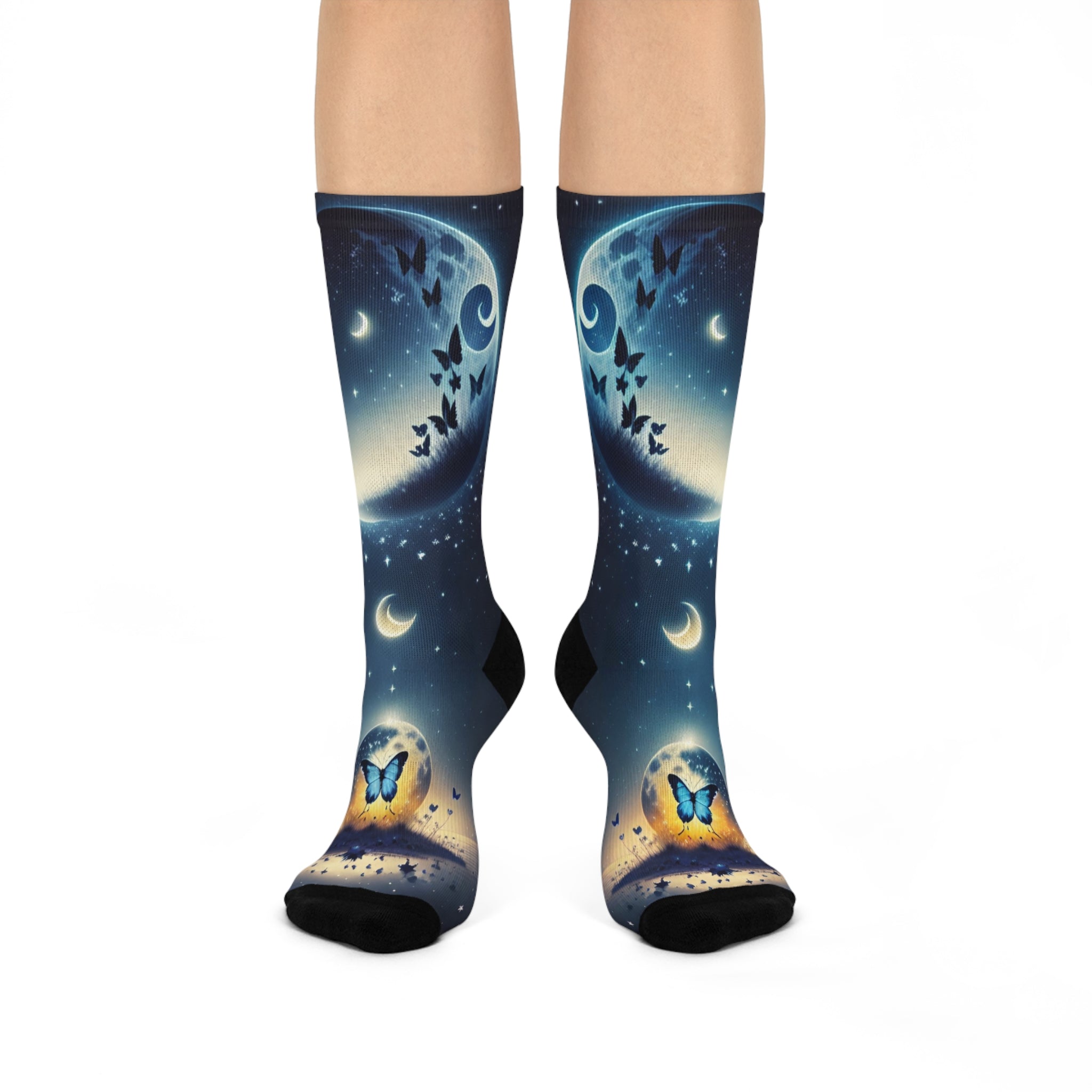 Celestial Butterfly Galaxy Socks - Cosmic Moonlight and Butterfly Silhouette