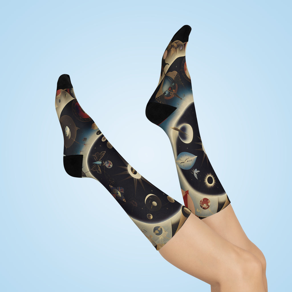 Vintage Celestial Illustration Cushioned Crew Socks | Space Planets Pattern