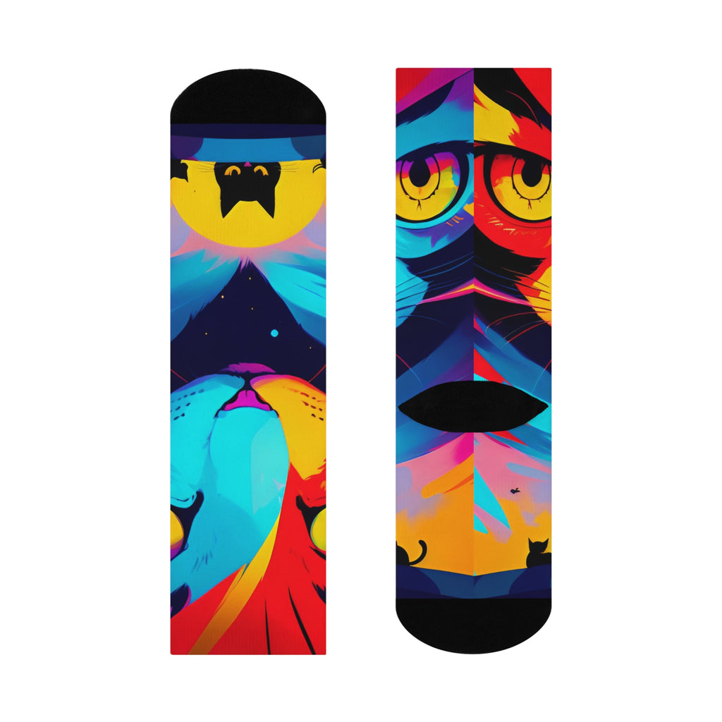 Artistic Cosmic Cat Crew Socks - Vibrant Colorful Pop Art Kitten Long Socks; Psychedelic Cat Eye Pattern Apparel; Unique Gift for Cat Lovers