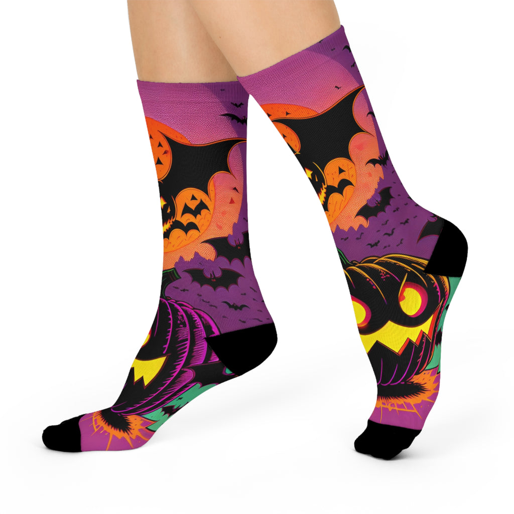 Jack-o'-Lanterns and Bats Cushioned Crew Socks | Halloween Pumpkin Socks
