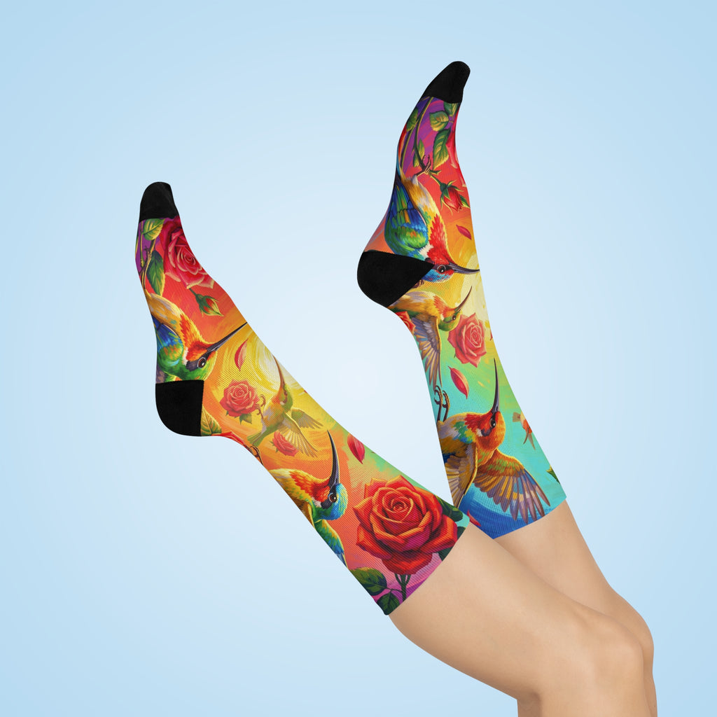 Bright Sun-Hummingbirds and Roses Cushioned Crew Socks | Colorful Floral Bird Pattern