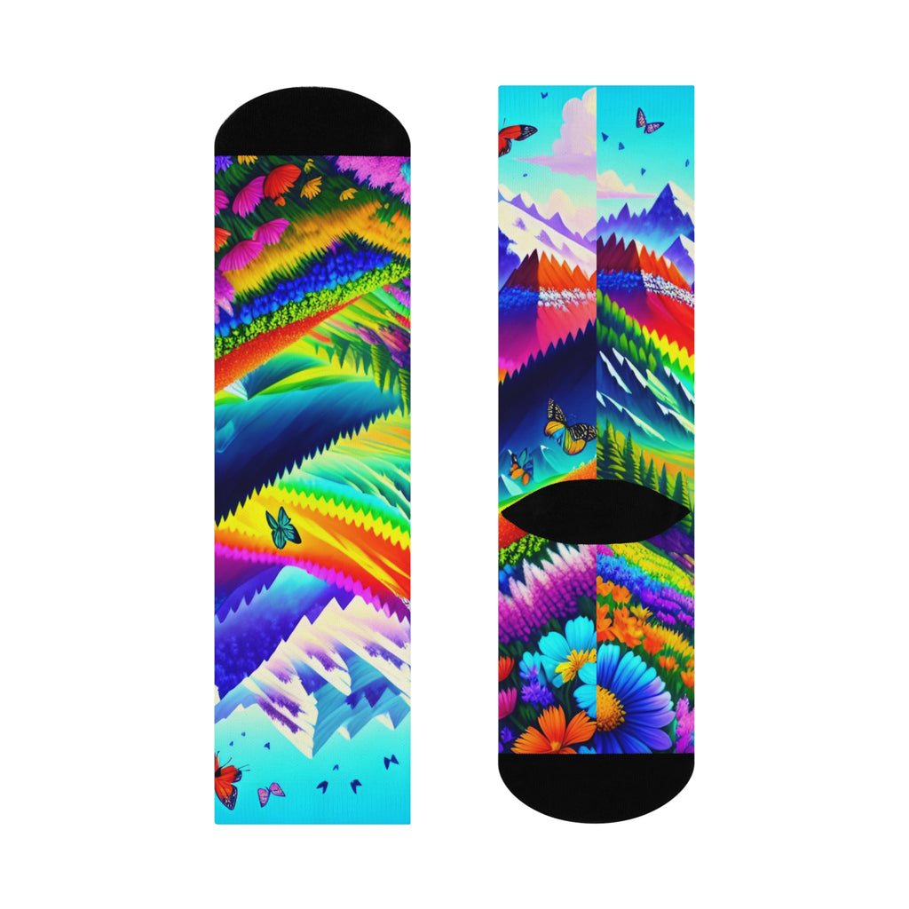 Rainbow Alpine Mountain Crew Socks-Vibrant Butterfly and Snowy Peak Art 2