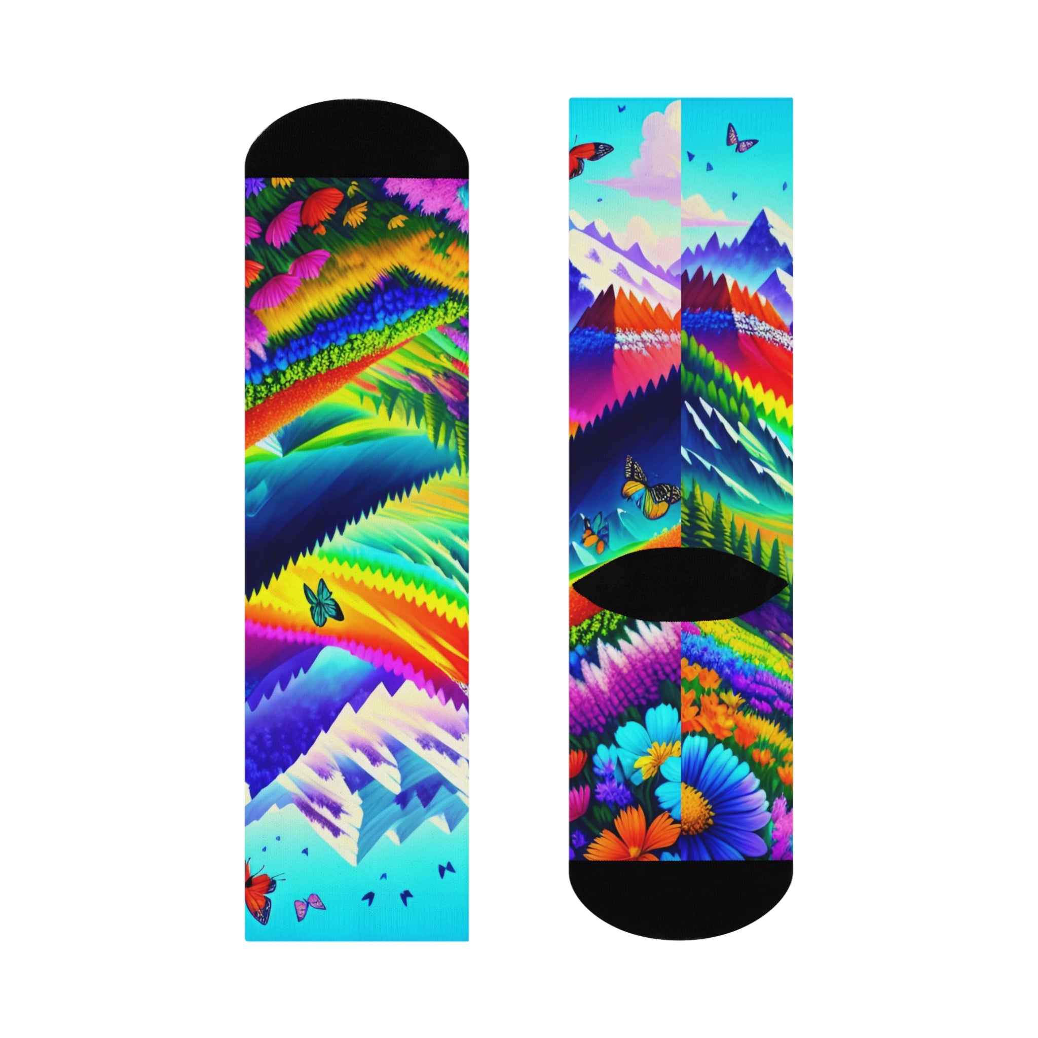 Rainbow Alpine Mountain Crew Socks-Vibrant Butterfly and Snowy Peak Art 2