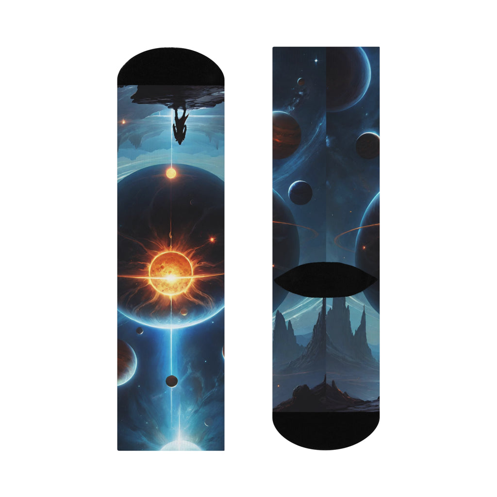 Epic Deep Space Galaxy Crew Socks, Sci-Fi Planet Landscape Long Socks, comma; Vibrant Celestial Sun Cosmic Apparel.