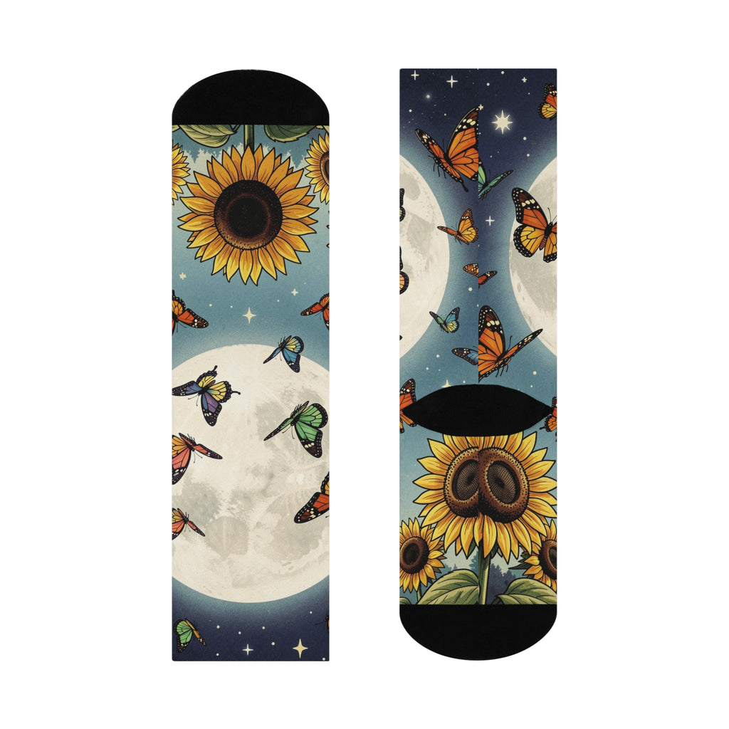 Moonlit Sunflowers Butterfly Crew Socks | Moon and Stars Night Sky Socks