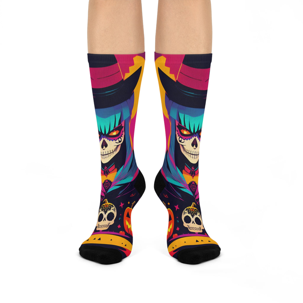 Day of the Dead Witch Cushion Crew Socks | Halloween Skull Pumpkins