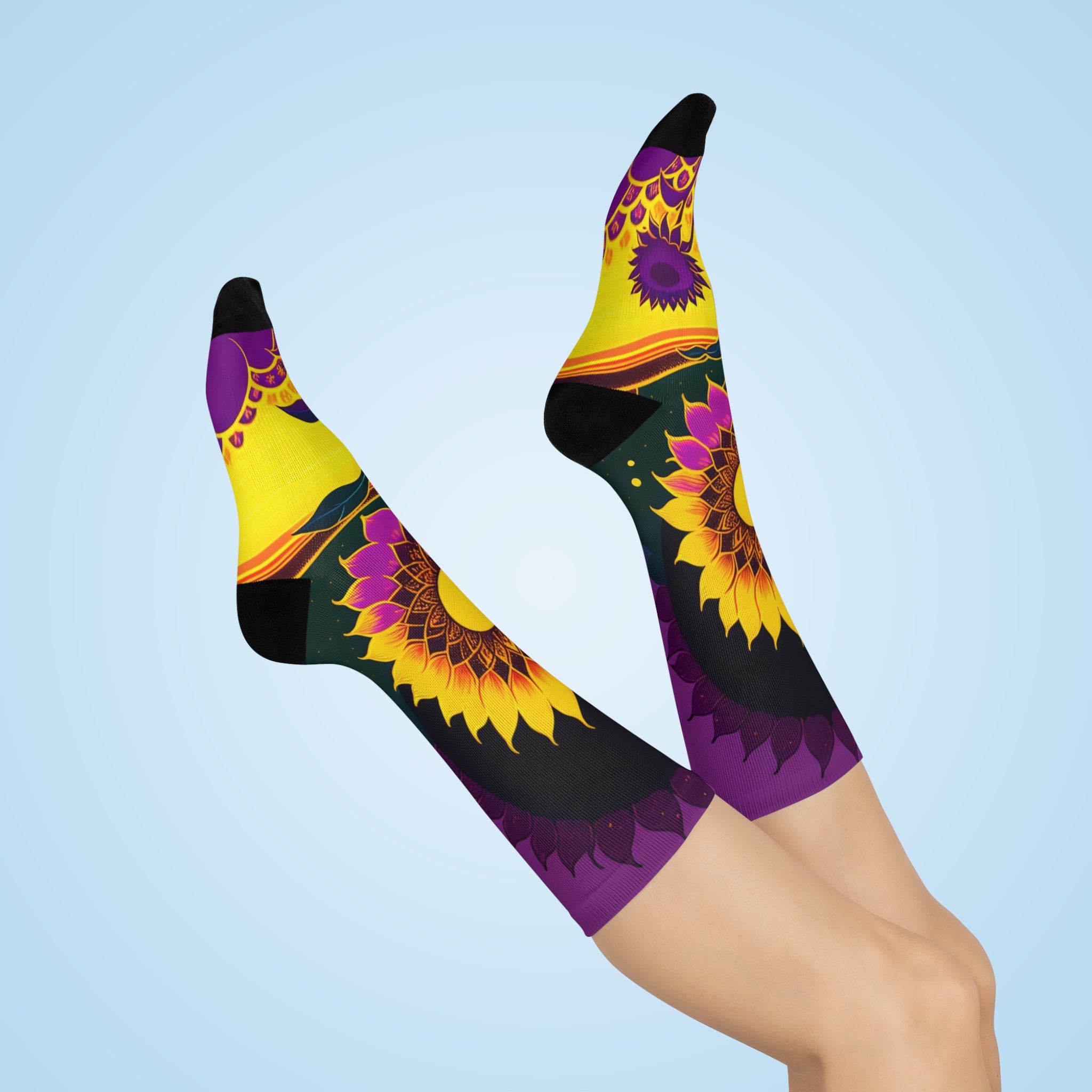 Artistic Sunflower Long Socks - Bold Purple and Gold Floral Crew socks-