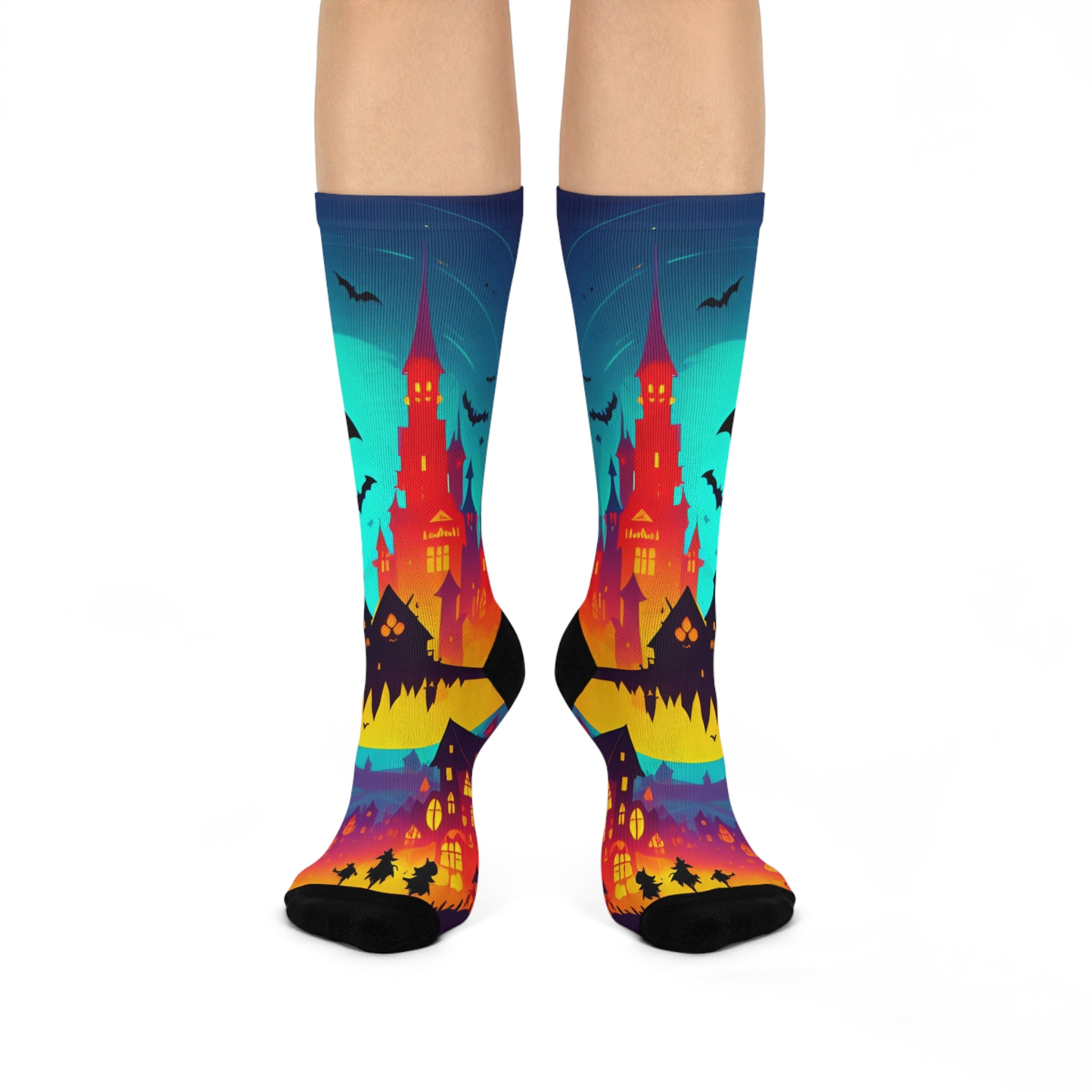 Halloween Haunted Castle Cushioned Crew Socks | Bats Jack-o'-Lantern Night