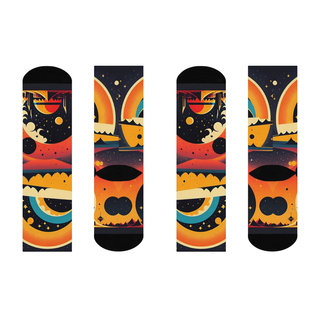 Retro Rainbow Sunset Moon & Stars Cushioned Crew Socks | Cosmic Landscape