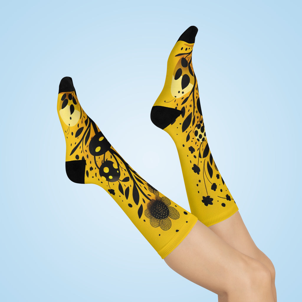 The Golden Botanical Meadow Socks- Mustard Yellow Floral & leaf silhouette Art