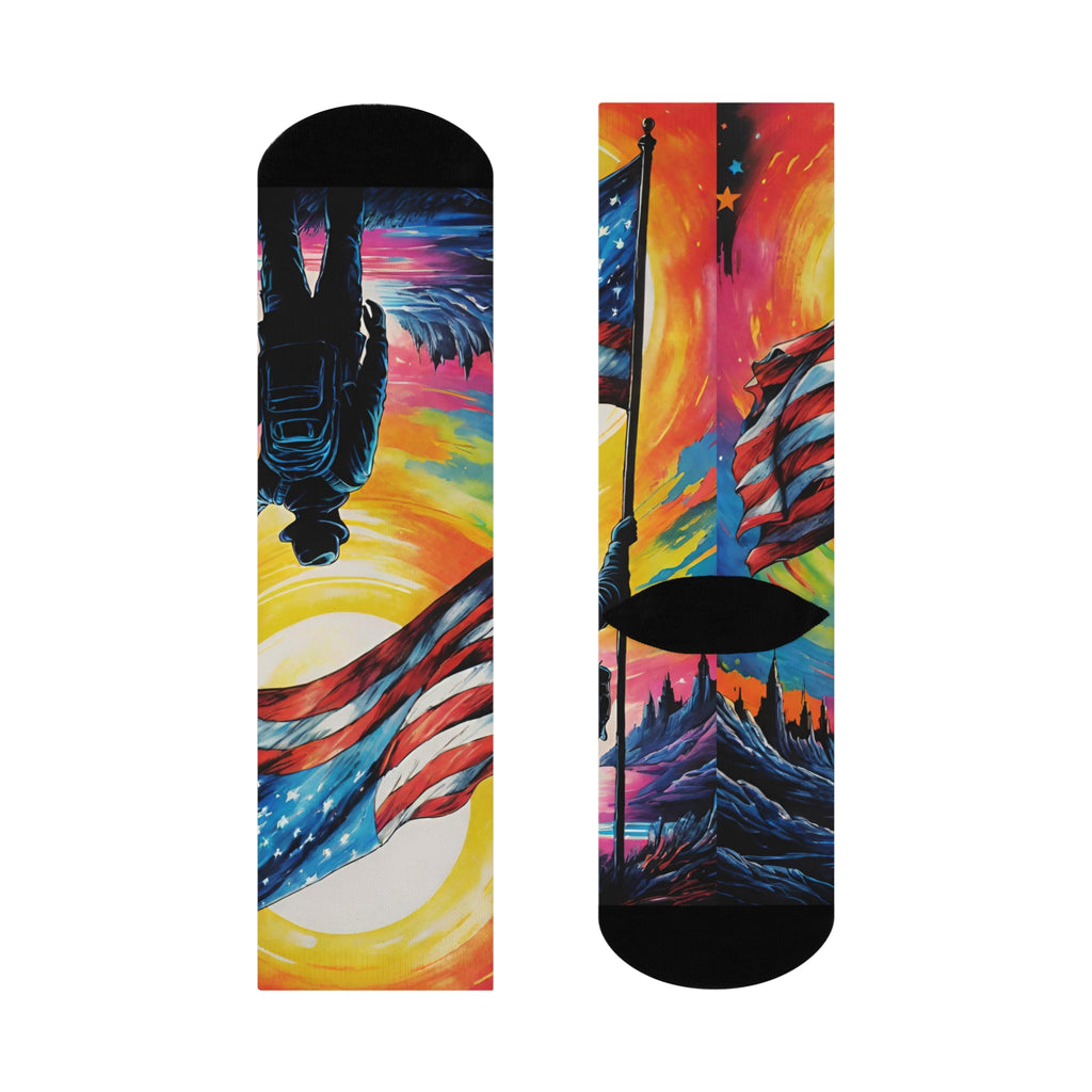 Soldier Holding American Flag Cushioned Crew Socks | Patriotic Sunset Design