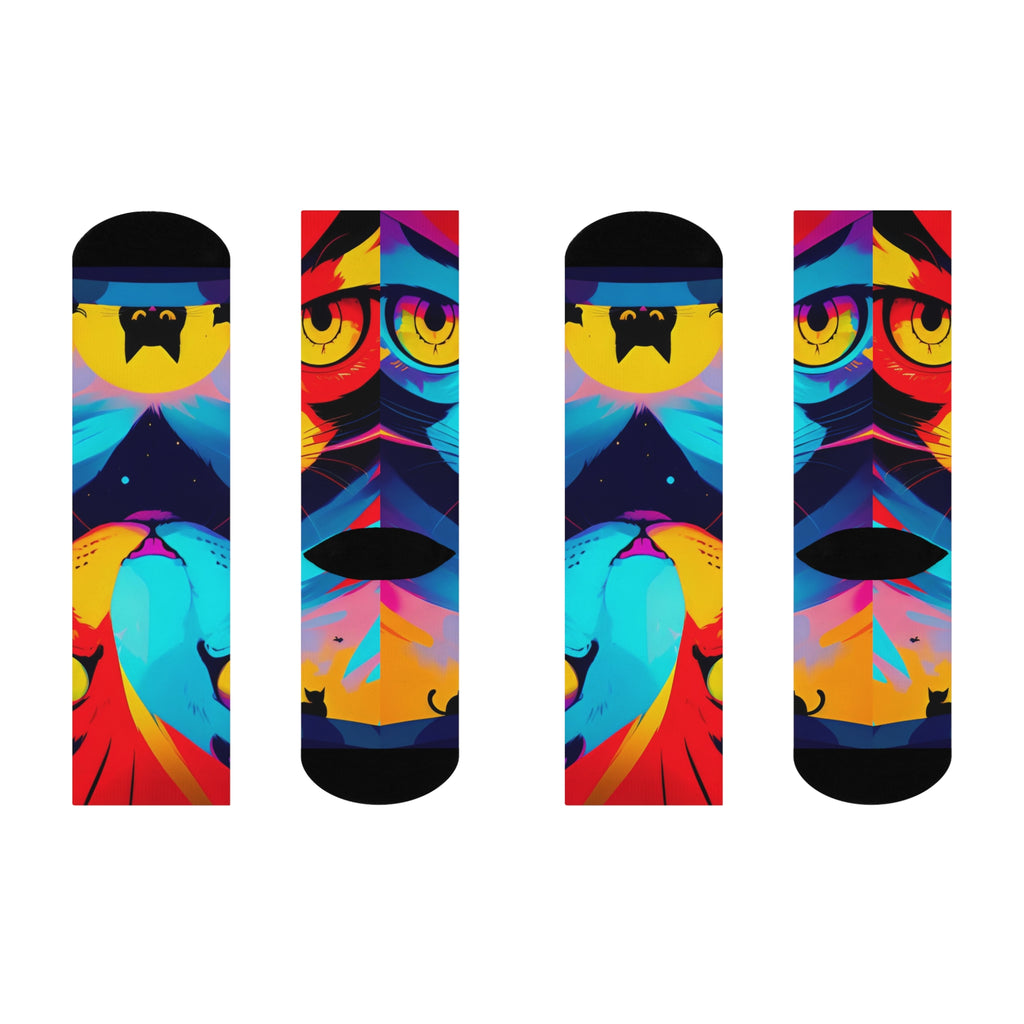Artistic Cosmic Cat Crew Socks - Vibrant Colorful Pop Art Kitten Long Socks; Psychedelic Cat Eye Pattern Apparel; Unique Gift for Cat Lovers