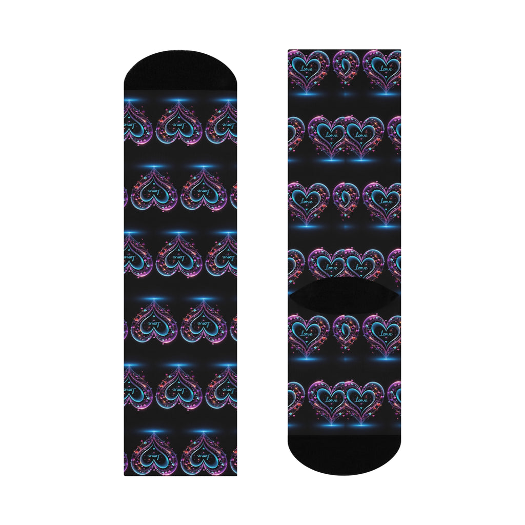 Midnight Ethereal Heart Crew Socks - Glowing Neon Love Pattern Socks