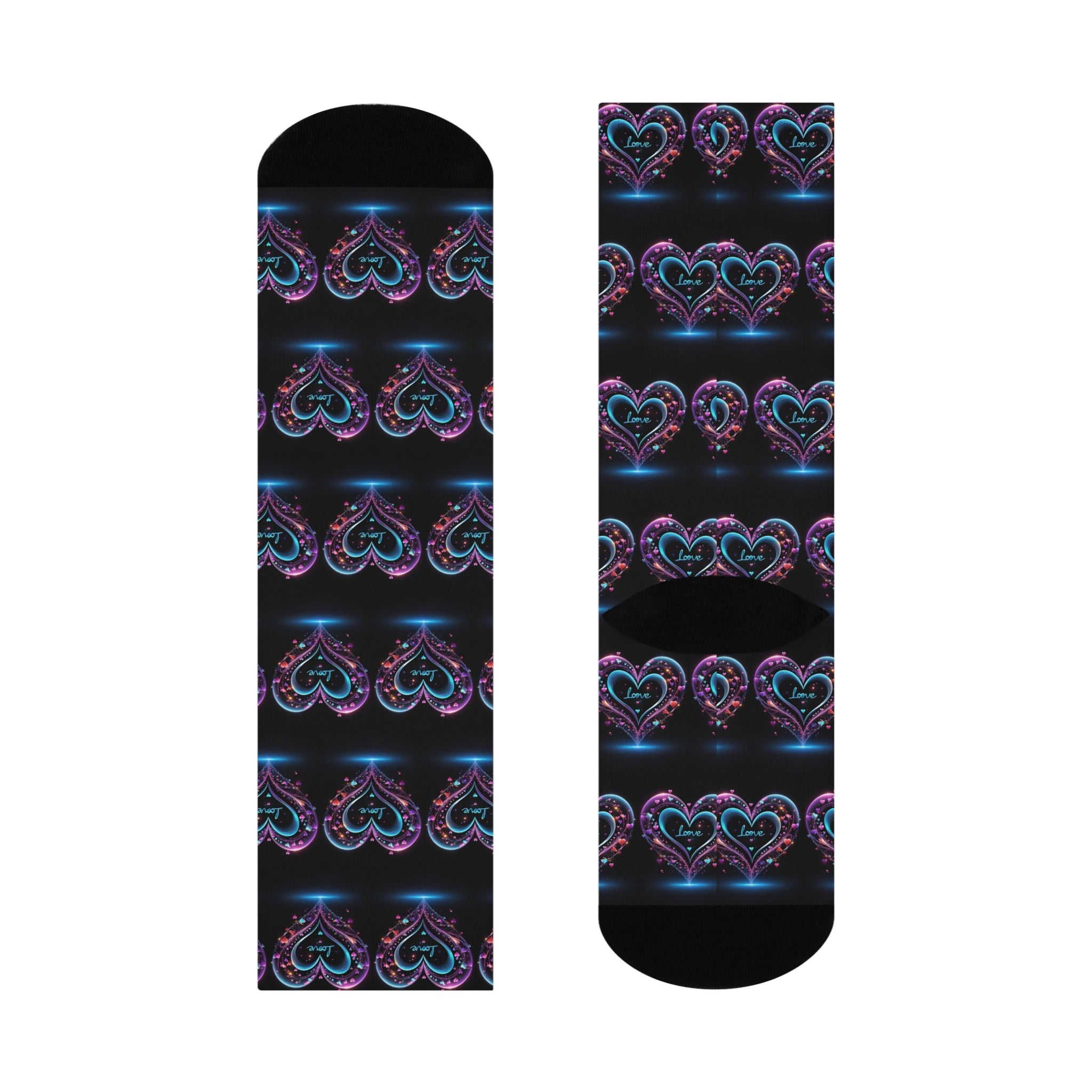 Midnight Ethereal Heart Crew Socks - Glowing Neon Love Pattern Socks
