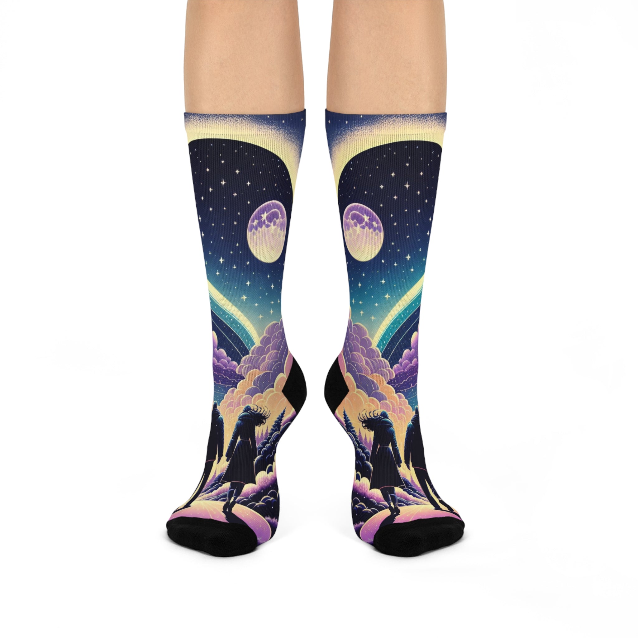 Moonlit Hiker Night Sky Cushioned Crew Socks | Surreal Starfield Design