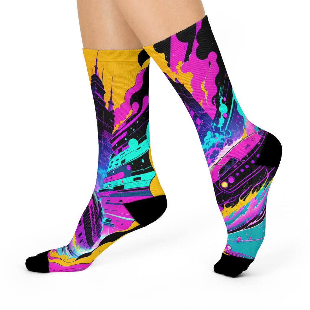 Cyberpunk Synthwave Car Knee High Socks.