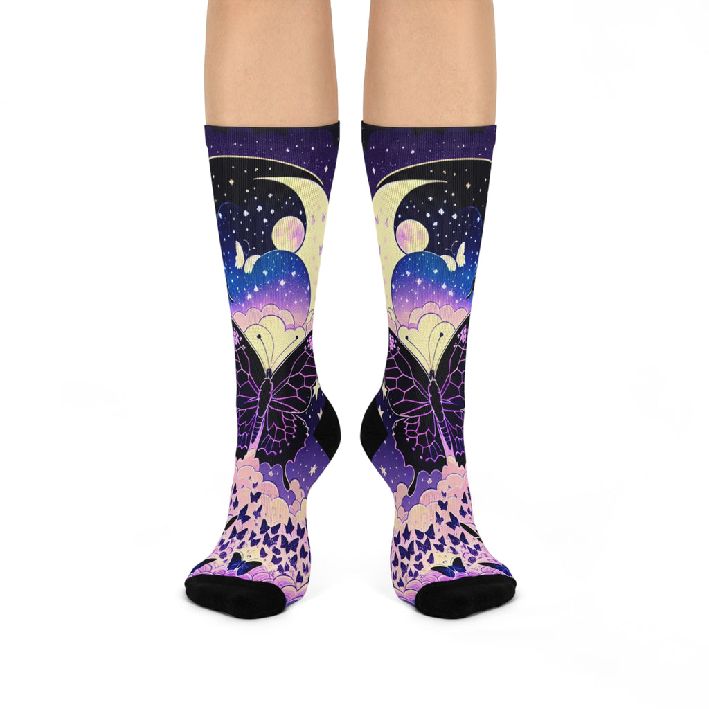 Moonlit Moth Night Sky Crew Socks | Purple Galaxy Butterfly