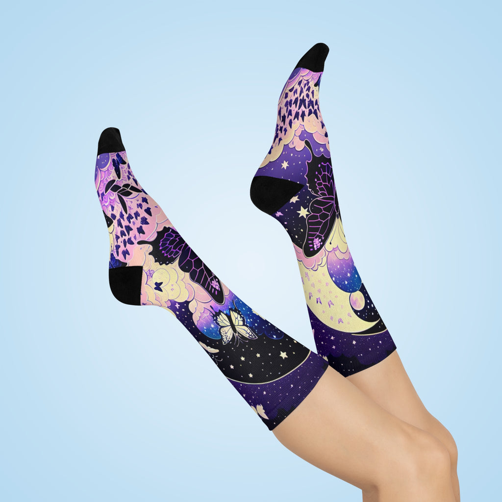 Moonlit Moth Night Sky Crew Socks | Purple Galaxy Butterfly
