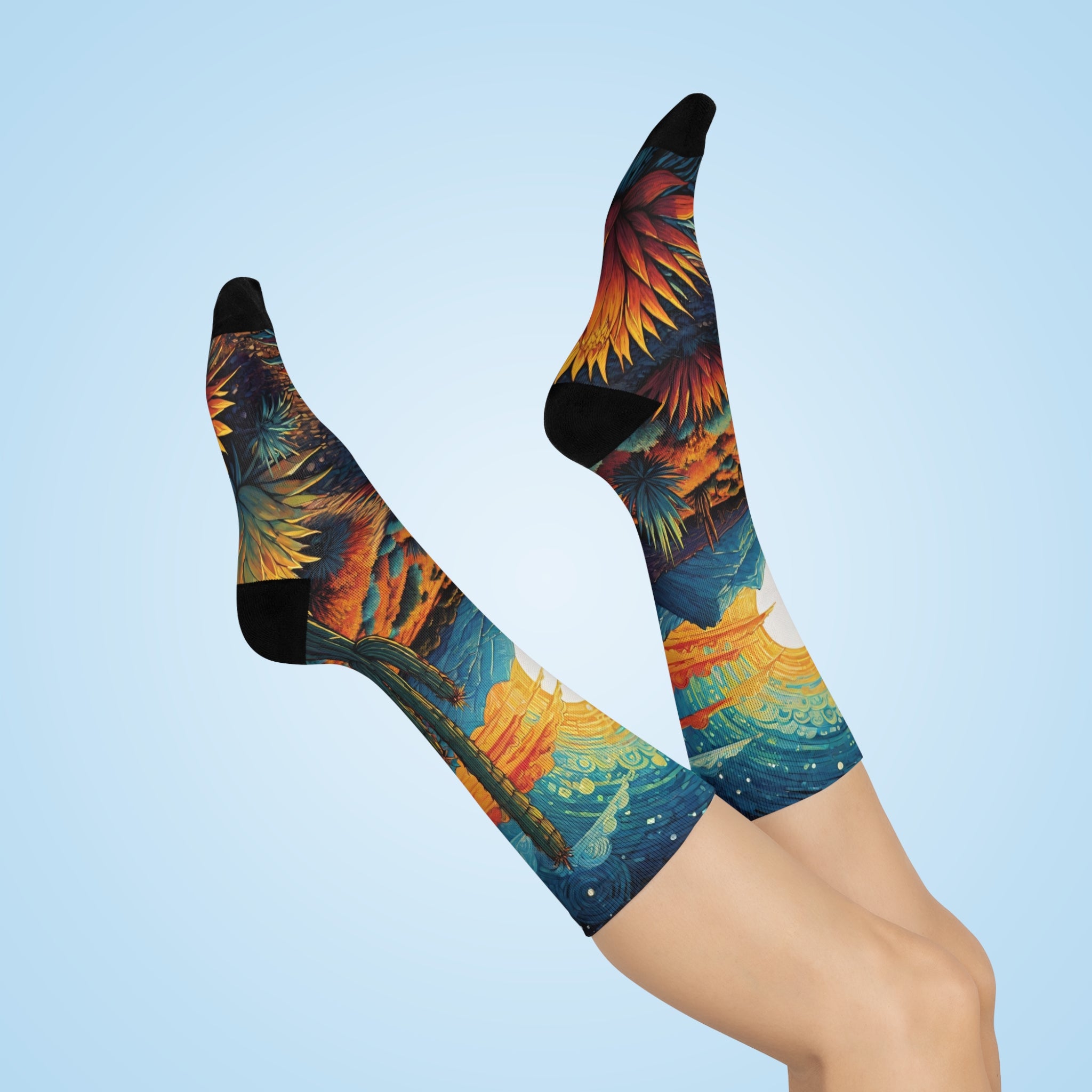 Desert Sunset Landscape Cushioned Crew Socks | Cactus, Sun, Mountains, rocks