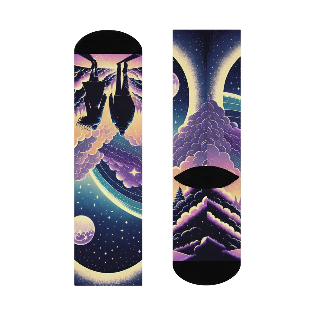Moonlit Hiker Night Sky Cushioned Crew Socks | Surreal Starfield Design