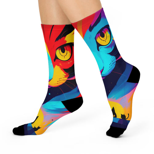 Artistic Cosmic Cat Crew Socks - Vibrant Colorful Pop Art Kitten Long Socks; Psychedelic Cat Eye Pattern Apparel; Unique Gift for Cat Lovers
